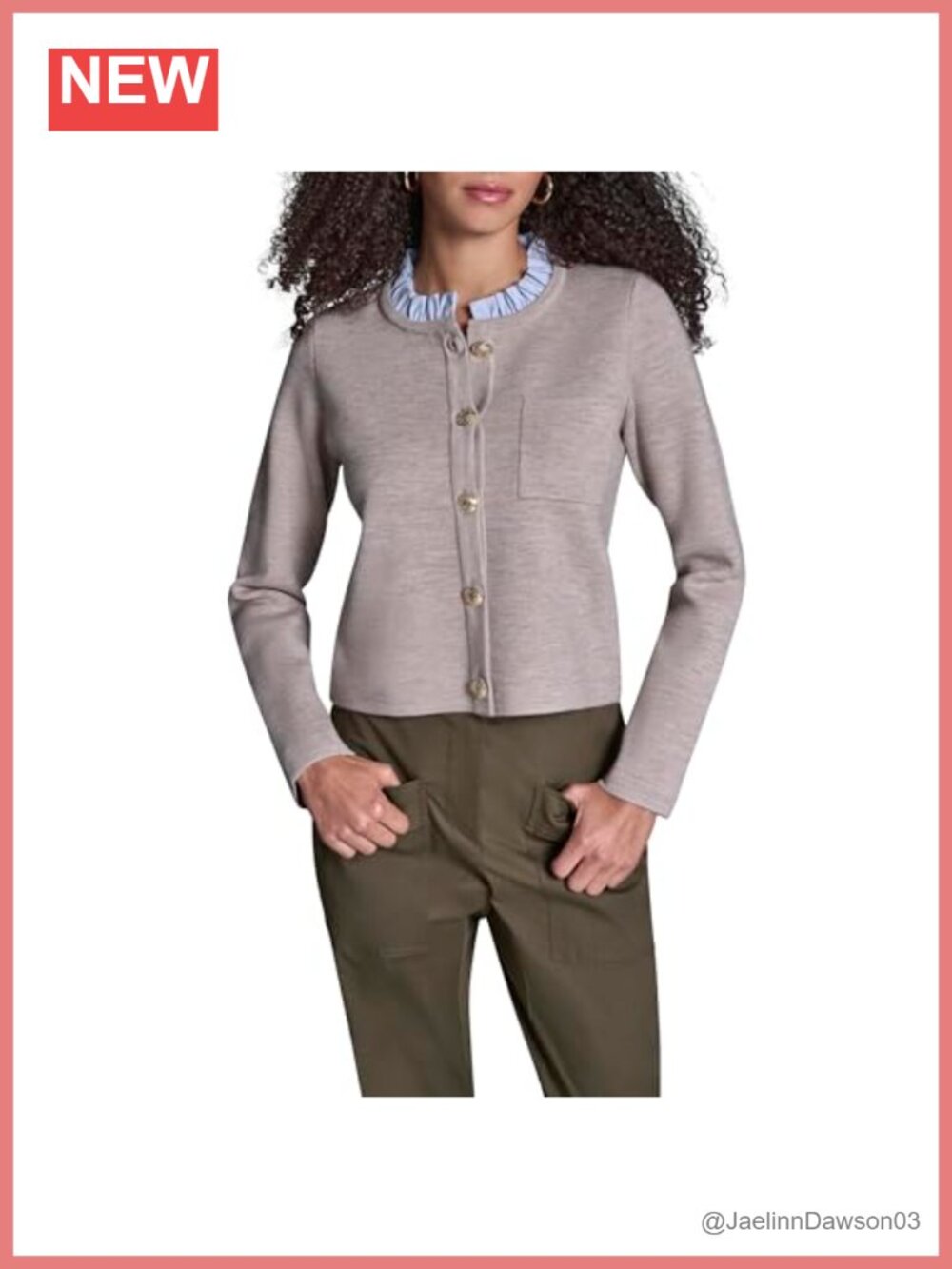 Sweater Jacket with Woven Ruffle Neck Trim Button Closure Cold Weather